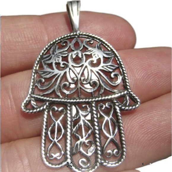 925 Sterling Chain & Pendant Hamsa Evil Eye Handcrafted Filigree Metalwork - Picture 5 of 9